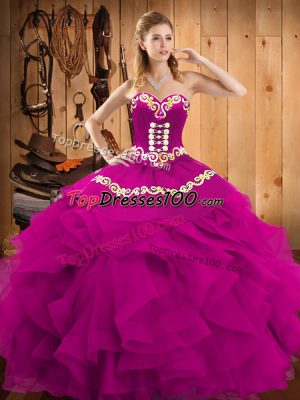 Chic Fuchsia Sleeveless Floor Length Embroidery and Ruffles Lace Up Quinceanera Gown