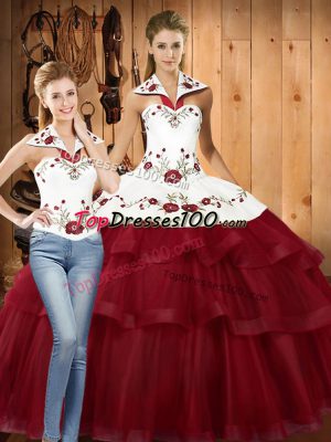 On Sale Sleeveless Satin and Organza With Train Sweep Train Lace Up Quinceanera Dresses in Wine Red with Embroidery and Ruffled Layers