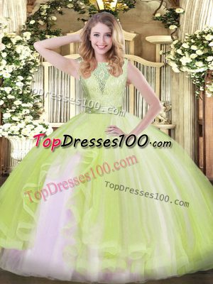 Stunning Yellow Green Sleeveless Floor Length Lace and Ruffles Backless Quinceanera Gowns