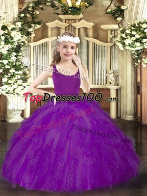 Cute Purple Sleeveless Beading Floor Length Little Girls Pageant Gowns