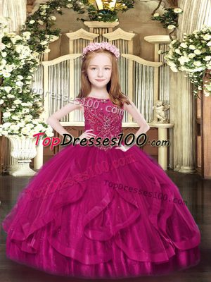 Fuchsia Ball Gowns Scoop Sleeveless Tulle Floor Length Zipper Beading and Ruffles Party Dress for Toddlers