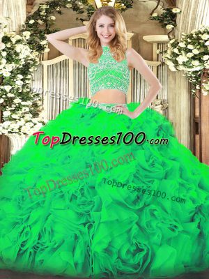 Colorful Green Sleeveless Beading and Ruffles Floor Length Ball Gown Prom Dress