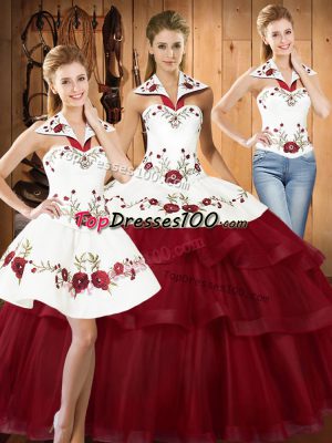 Wine Red Sleeveless With Train Embroidery and Ruffled Layers Lace Up Ball Gown Prom Dress