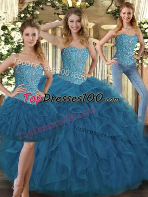 Amazing Teal Sleeveless Floor Length Beading and Ruffles Lace Up Sweet 16 Quinceanera Dress