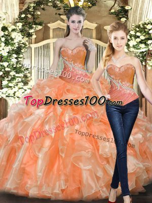 Glittering Orange Red Sleeveless Tulle Lace Up 15th Birthday Dress for Military Ball and Sweet 16 and Quinceanera
