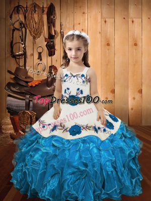 Cute Baby Blue Organza Lace Up Straps Sleeveless Floor Length Custom Made Embroidery and Ruffles