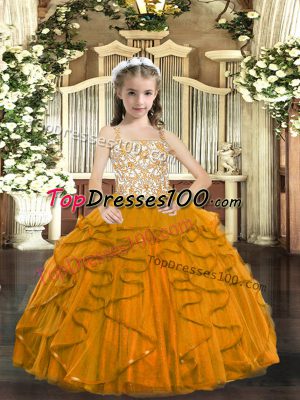 Straps Sleeveless Party Dress for Girls Floor Length Beading and Ruffles Orange Tulle