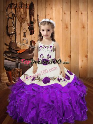 Sleeveless Floor Length Embroidery and Ruffles Lace Up Womens Party Dresses with Eggplant Purple