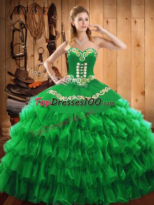 Green Quinceanera Dress Military Ball and Sweet 16 and Quinceanera with Embroidery and Ruffled Layers Sweetheart Sleeveless Lace Up