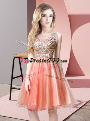 Pretty Peach A-line Beading Prom Party Dress Zipper Tulle Sleeveless Knee Length