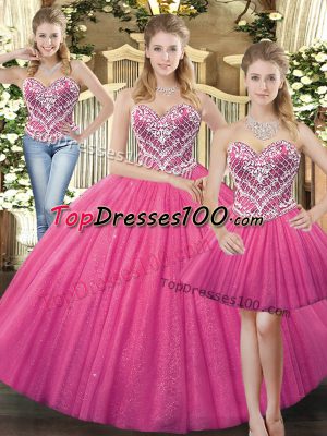 Sleeveless Tulle Floor Length Lace Up Quinceanera Gown in Hot Pink with Beading