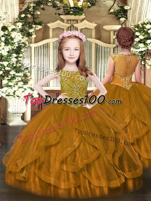 Low Price Brown Ball Gowns Scoop Sleeveless Tulle Floor Length Zipper Beading and Ruffles Little Girls Pageant Gowns