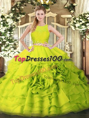 Yellow Green Two Pieces Tulle Scoop Sleeveless Ruffles Floor Length Zipper Vestidos de Quinceanera