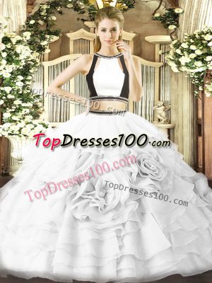 Two Pieces Quinceanera Gown White Halter Top Tulle Sleeveless Floor Length Zipper