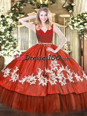Wine Red V-neck Zipper Beading and Appliques Quince Ball Gowns Sleeveless