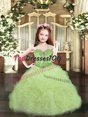 Perfect Yellow Green Child Pageant Dress Party and Quinceanera with Beading and Ruffles and Pick Ups Spaghetti Straps Sleeveless Lace Up