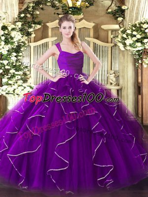 Enchanting Eggplant Purple Ball Gowns Organza Straps Sleeveless Ruffles Floor Length Zipper Vestidos de Quinceanera