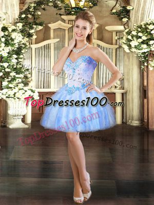 Baby Blue Lace Up Evening Dress Beading and Ruffles Sleeveless Mini Length