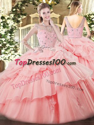 Customized Baby Pink Sleeveless Beading and Ruffles and Pick Ups Floor Length Sweet 16 Dresses