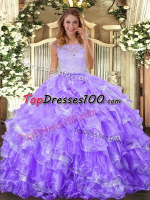Luxurious Lavender Clasp Handle Scoop Lace and Ruffled Layers 15th Birthday Dress Organza Sleeveless