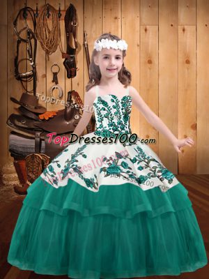 Custom Fit Turquoise Straps Lace Up Embroidery Little Girl Pageant Dress Sleeveless