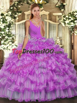 High Quality Lilac Sleeveless Beading and Ruffles Floor Length Quince Ball Gowns