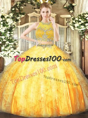 Noble Scoop Sleeveless Zipper Quince Ball Gowns Orange Tulle