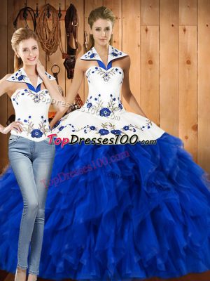 Blue And White Satin and Organza Lace Up Vestidos de Quinceanera Sleeveless Floor Length Embroidery and Ruffles