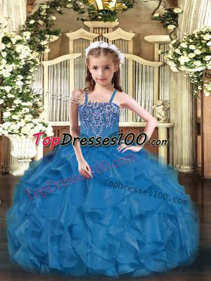 Cute Straps Sleeveless Teens Party Dress Floor Length Beading and Ruffles Blue Organza