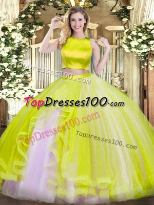 Flirting High-neck Sleeveless Criss Cross Quinceanera Gowns Yellow Green Tulle