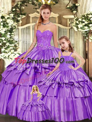 Fashionable Eggplant Purple Ball Gown Prom Dress Military Ball and Sweet 16 and Quinceanera with Beading and Ruffled Layers Sweetheart Sleeveless Lace Up