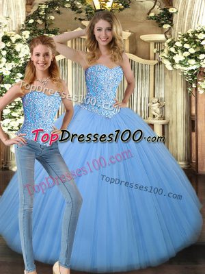 Luxurious Baby Blue Sleeveless Tulle Lace Up Quinceanera Gowns for Military Ball and Sweet 16 and Quinceanera