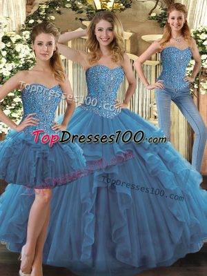 Fine Teal Sleeveless Beading and Ruffles Floor Length Ball Gown Prom Dress