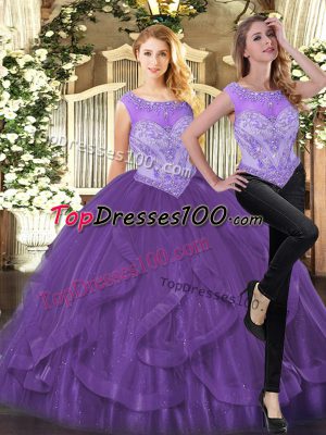 Exceptional Floor Length Two Pieces Sleeveless Purple Quinceanera Gown Zipper