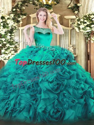 Super Teal Scoop Zipper Beading and Ruffles Quince Ball Gowns Sleeveless