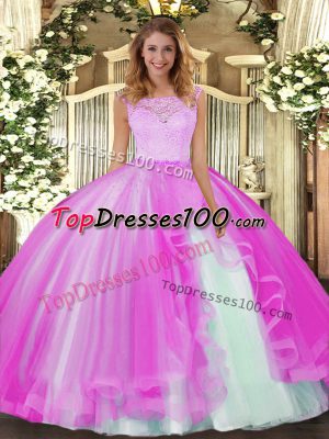 Pretty Floor Length Fuchsia Quinceanera Gown Scoop Sleeveless Clasp Handle