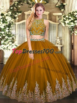 Brown High-neck Neckline Beading and Appliques 15 Quinceanera Dress Sleeveless Zipper