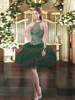 Mini Length Dark Green Evening Dress Halter Top Sleeveless Lace Up