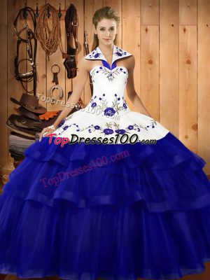 Halter Top Sleeveless Sweep Train Lace Up Quinceanera Dresses Royal Blue Organza