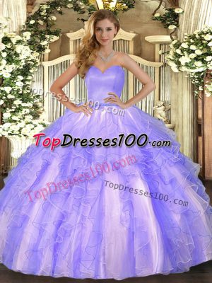 Most Popular Floor Length Lace Up Sweet 16 Dress Lavender for Military Ball and Sweet 16 and Quinceanera with Ruffles