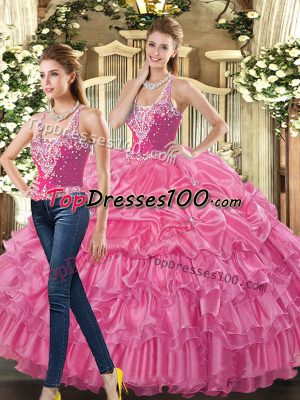 Hot Pink Ball Gowns Tulle Straps Sleeveless Beading and Ruffles and Pick Ups Floor Length Lace Up Quince Ball Gowns