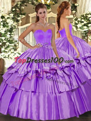 Artistic Sweetheart Sleeveless Sweet 16 Dresses Floor Length Beading and Ruffled Layers Lilac Organza and Taffeta