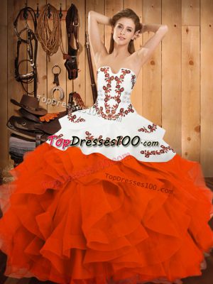 Artistic Sleeveless Floor Length Embroidery and Ruffles Lace Up Ball Gown Prom Dress with Orange Red