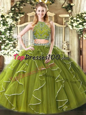 Floor Length Olive Green Quinceanera Gown High-neck Sleeveless Zipper
