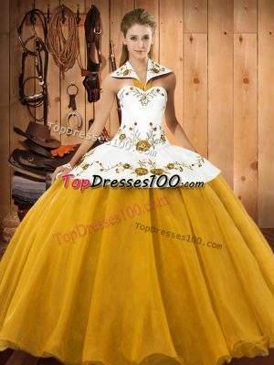 Ball Gowns Quinceanera Dress Gold Halter Top Satin and Tulle Sleeveless Floor Length Lace Up