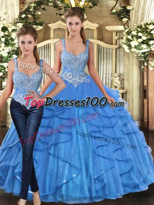 Aqua Blue Ball Gowns Straps Sleeveless Tulle Floor Length Lace Up Beading and Ruffles Quinceanera Gown