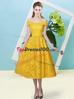 Lace Cap Sleeves Tea Length Quinceanera Court Dresses and Bowknot