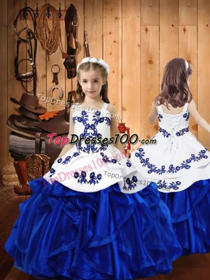 Royal Blue Ball Gowns Organza Straps Sleeveless Embroidery and Ruffles Floor Length Lace Up Party Dress