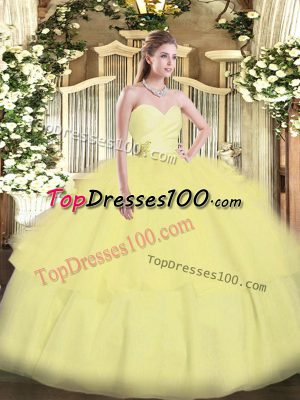Excellent Floor Length Lace Up Vestidos de Quinceanera Light Yellow for Military Ball and Sweet 16 and Quinceanera with Beading and Ruffled Layers