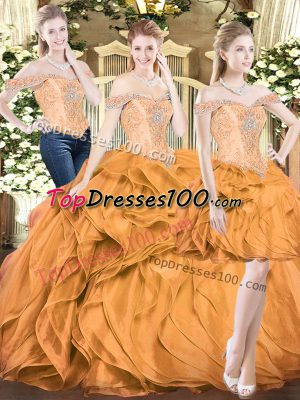 Fitting Orange Red Sleeveless Floor Length Beading and Ruffles Lace Up Vestidos de Quinceanera